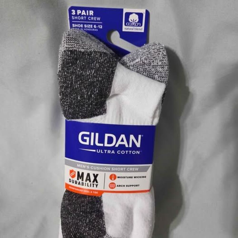 Gildan ultra cotton cushioned short crew socks 3pk fits men's shoe size 6-12